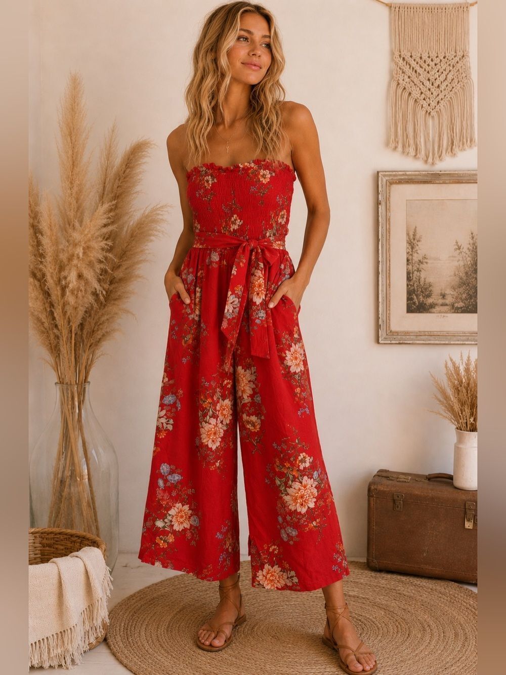 American Eagle Outfitters Red Floral Strapless Jumpsuit